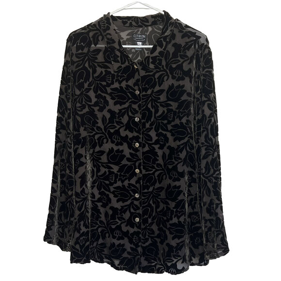 Citron Santa Monica Medium Floral Velvet Semi Shear Silk Button Up Tunic R8 - Picture 1 of 6